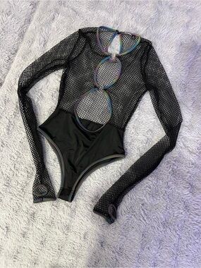 iHeartRaves Black Fishnet Rainbow Reflective Bodysuit Rave Music Festival
